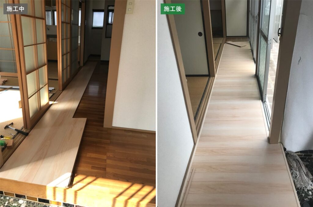 床の張り替え工事の施工中(左)と施工後(右)の廊下